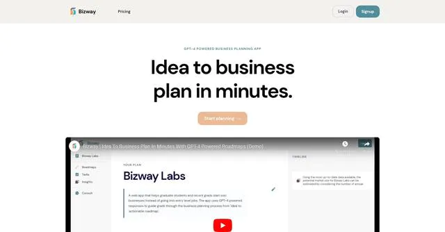 Fast-track your business planning. From researching a new business idea to fleshing out (& writing) marketing campaigns; Bizway is your personal AI business assistant at every step of the journey.
