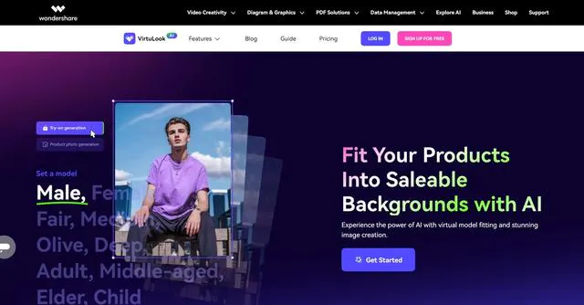 Wondershare VirtuLook Ai Tool Fit Your Products Into Saleable Backgrounds with AI Experience the power of AI with virtual model fitting and stunning image creation.